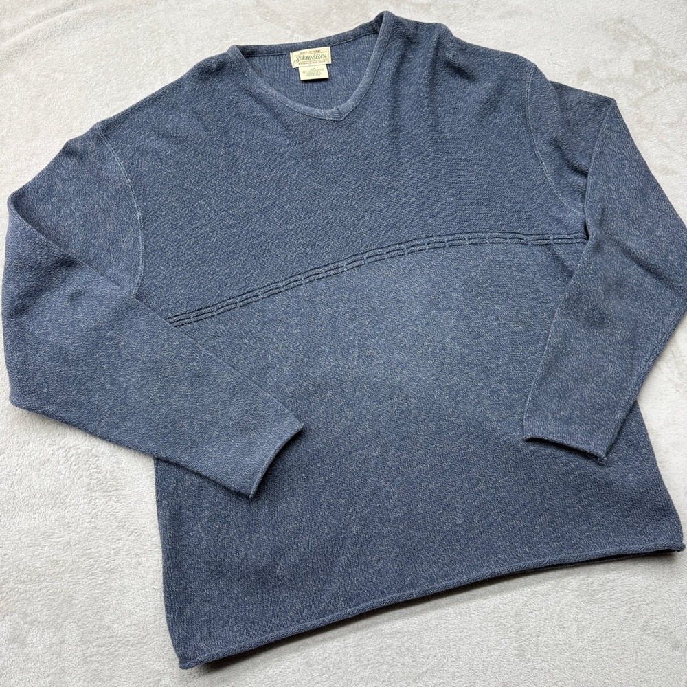 Vintage St. John's Bay V-Neck Sweater Mens Large Blue Textured Cotton Blend Knit